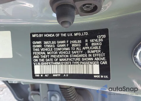 2021 Honda Civic Sport из США, поврежденный, VIN SHHFK7H48MU212073